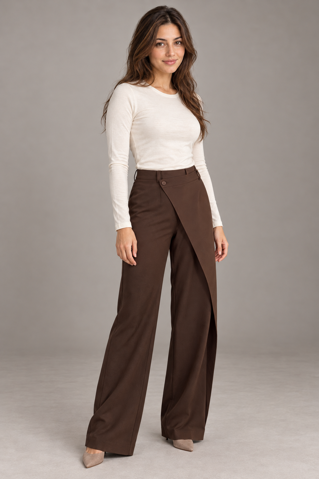 Bloodnew – Pantalon large asymétrique – Coupe ample et fluide – Marron – full