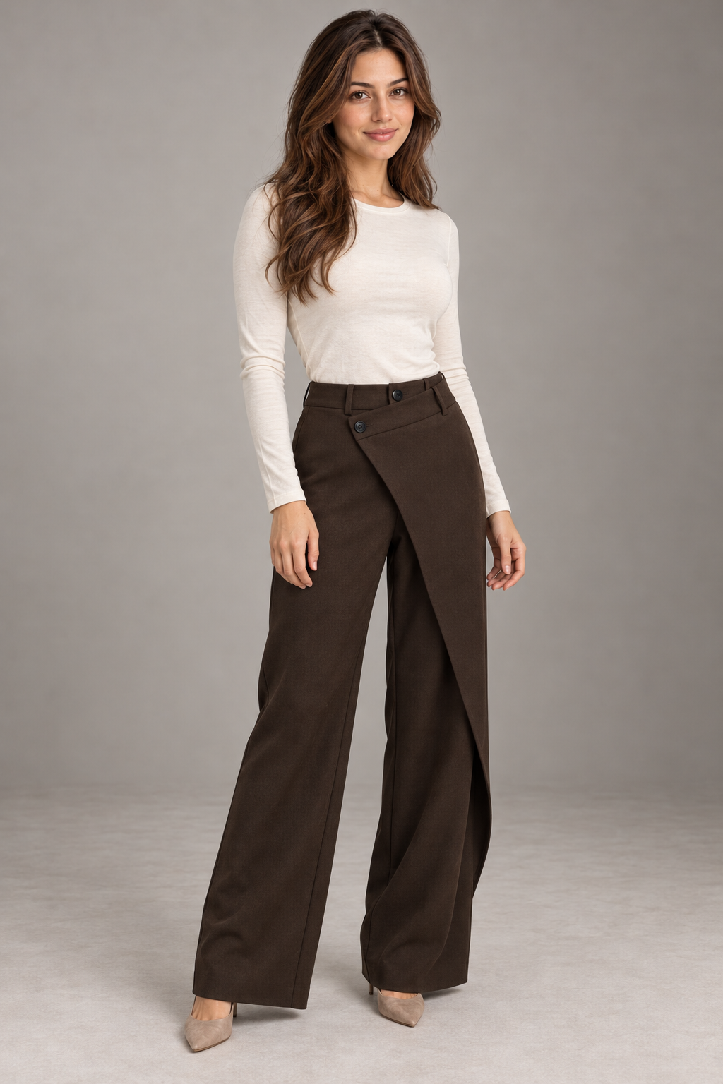 Bloodnew – Pantalon large asymétrique – Coupe ample et fluide – Marron modèle 2 – full