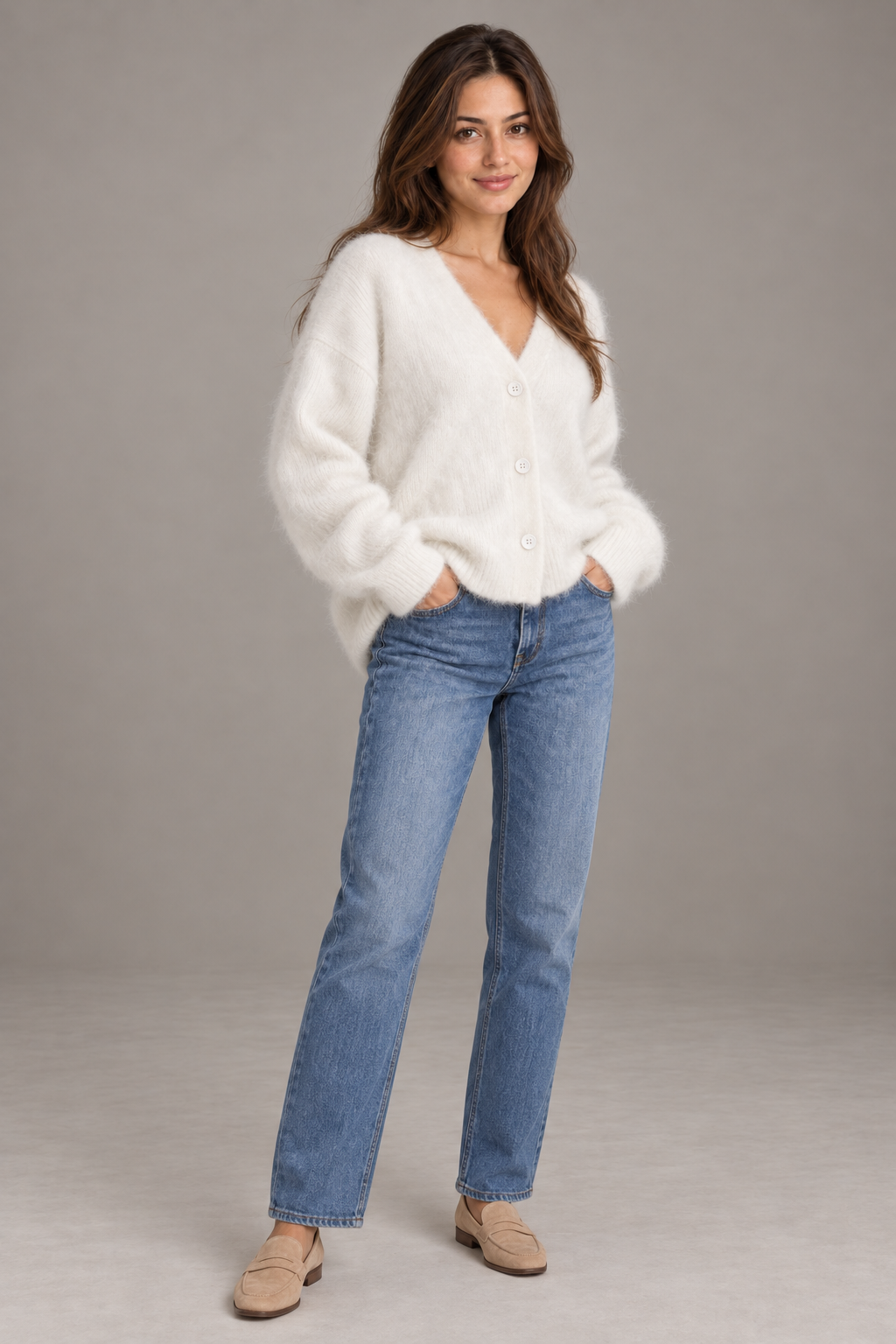 Bloodnew – Cardigan ample col V boutonné en maille – Doux et chaud – Blanc – full