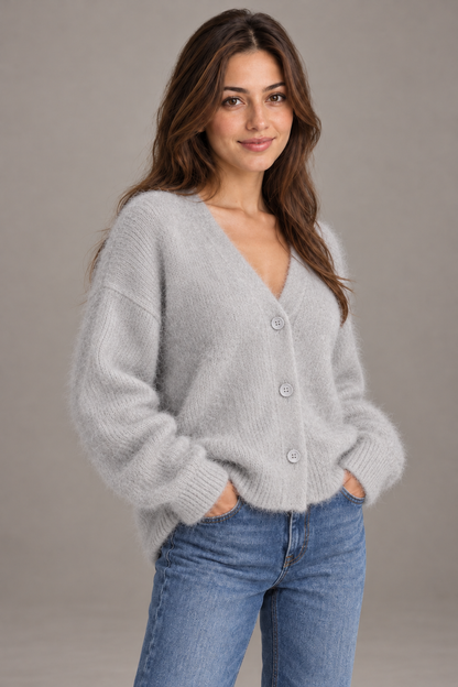 Bloodnew – Cardigan ample col V boutonné en maille – Doux et chaud – Gris clair – close