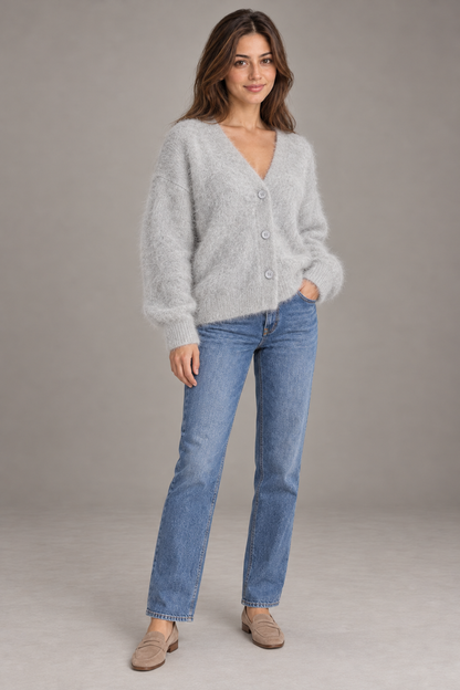 Bloodnew – Cardigan ample col V boutonné en maille – Doux et chaud – Gris clair – full