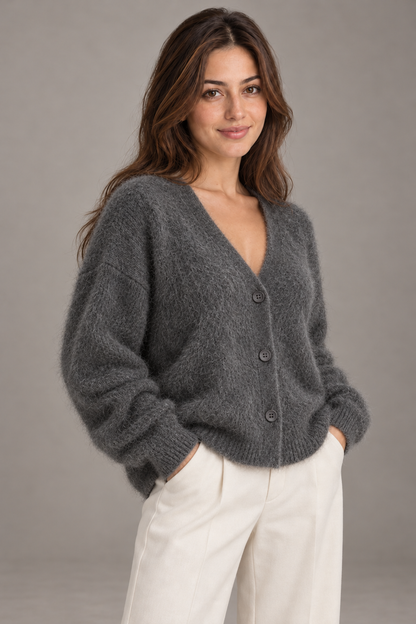 Bloodnew – Cardigan ample col V boutonné en maille – Doux et chaud – Gris foncé – close