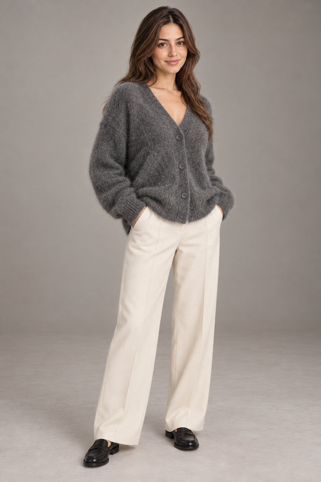 Bloodnew – Cardigan ample col V boutonné en maille – Doux et chaud – Gris foncé – full