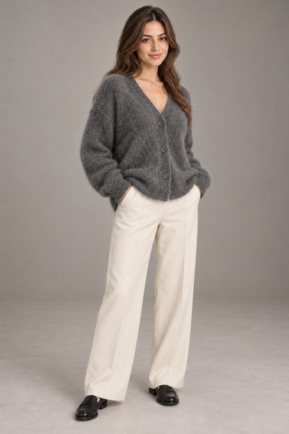 Bloodnew – Cardigan ample col V boutonné en maille – Doux et chaud – Gris foncé – full