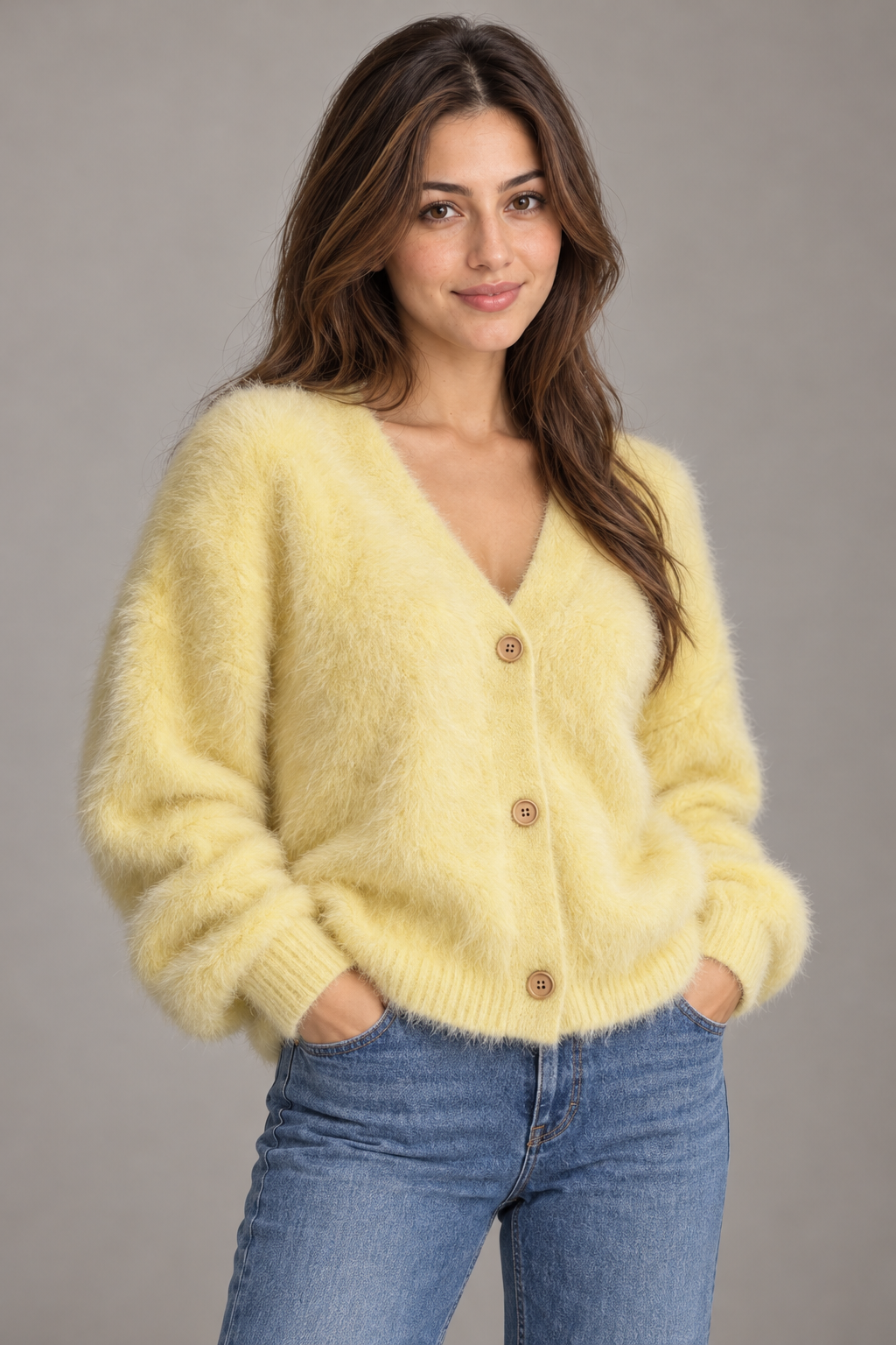 Bloodnew – Cardigan ample col V boutonné en maille – Doux et chaud – Jaune – close