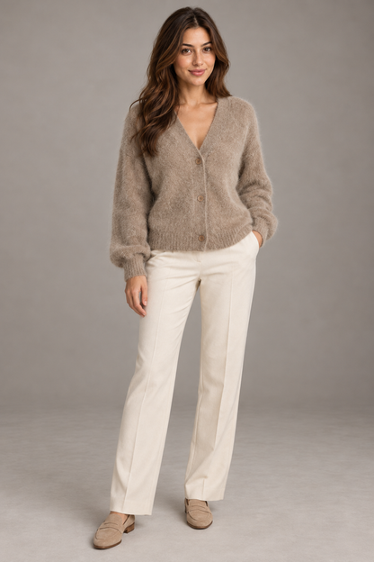 Bloodnew – Cardigan ample col V boutonné en maille – Doux et chaud – Kaki – full