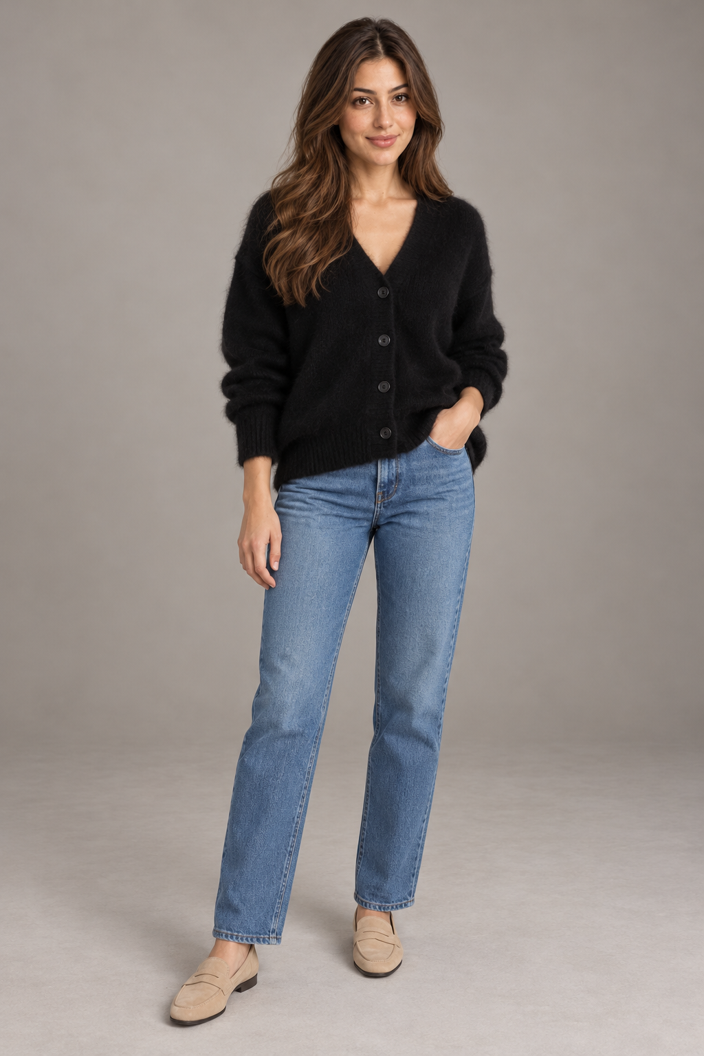 Bloodnew – Cardigan ample col V boutonné en maille – Doux et chaud – Noir – full