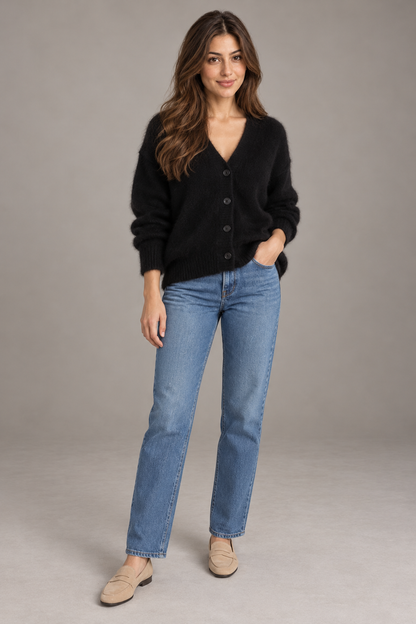 Bloodnew – Cardigan ample col V boutonné en maille – Doux et chaud – Noir – full