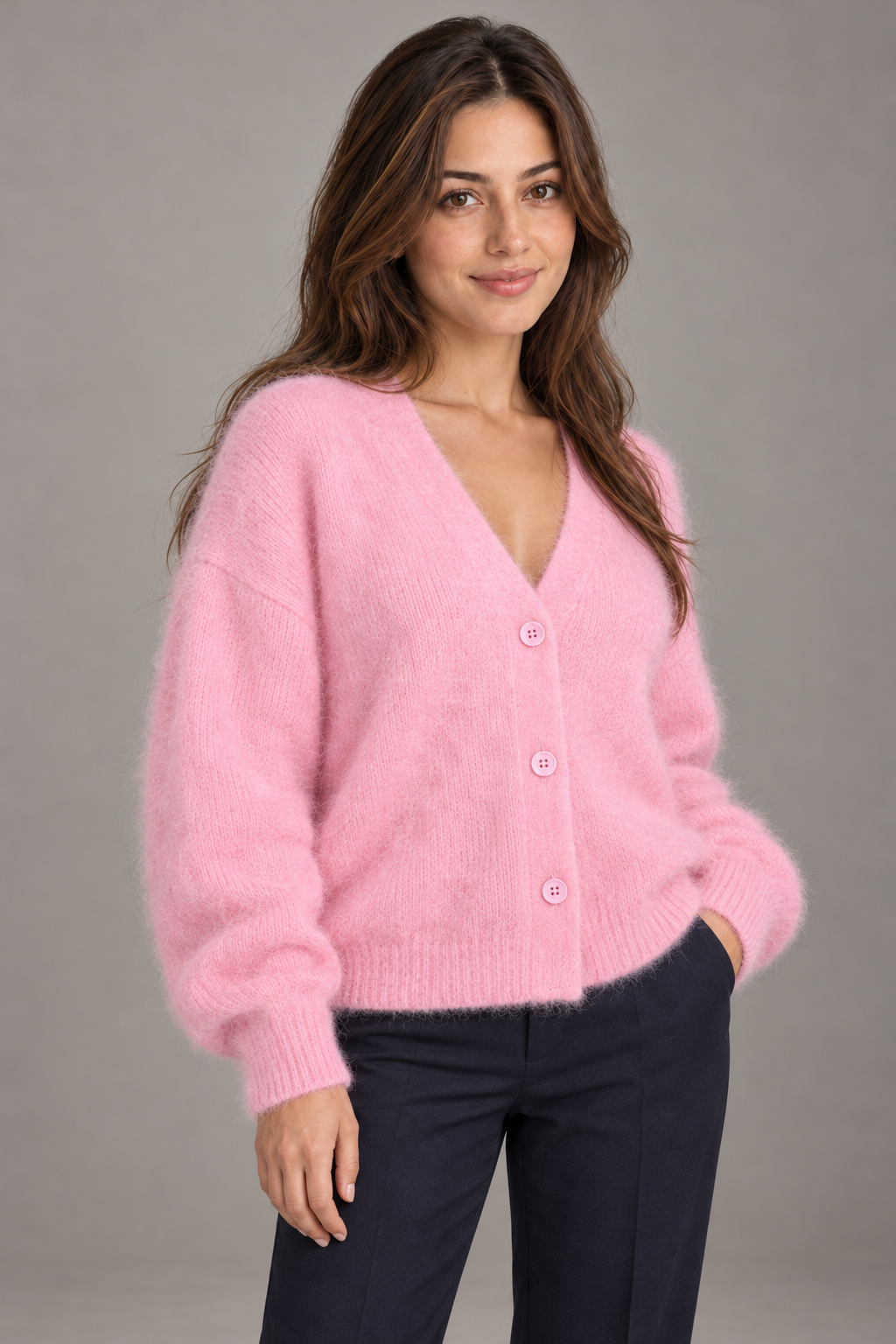 Bloodnew – Cardigan ample col V boutonné en maille – Doux et chaud – Rose – close