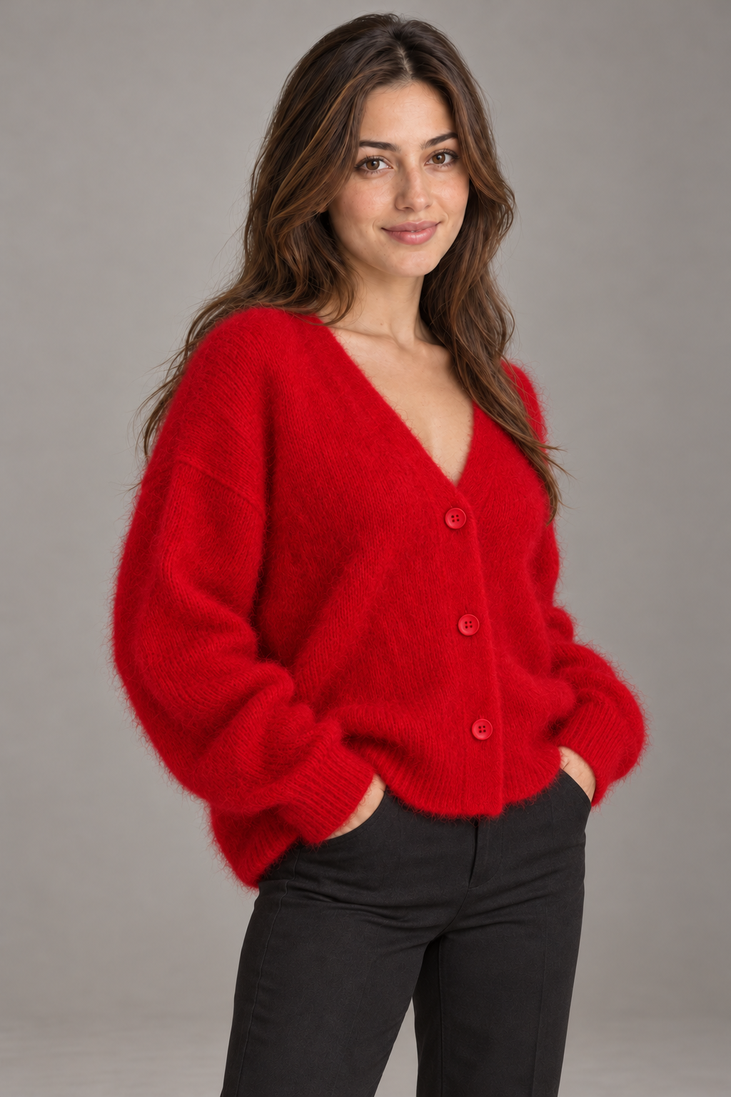 Bloodnew – Cardigan ample col V boutonné en maille – Doux et chaud – Rouge – close