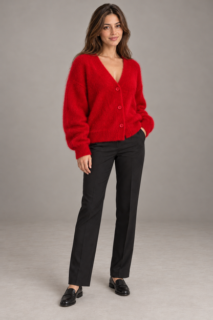 Bloodnew – Cardigan ample col V boutonné en maille – Doux et chaud – Rouge – full
