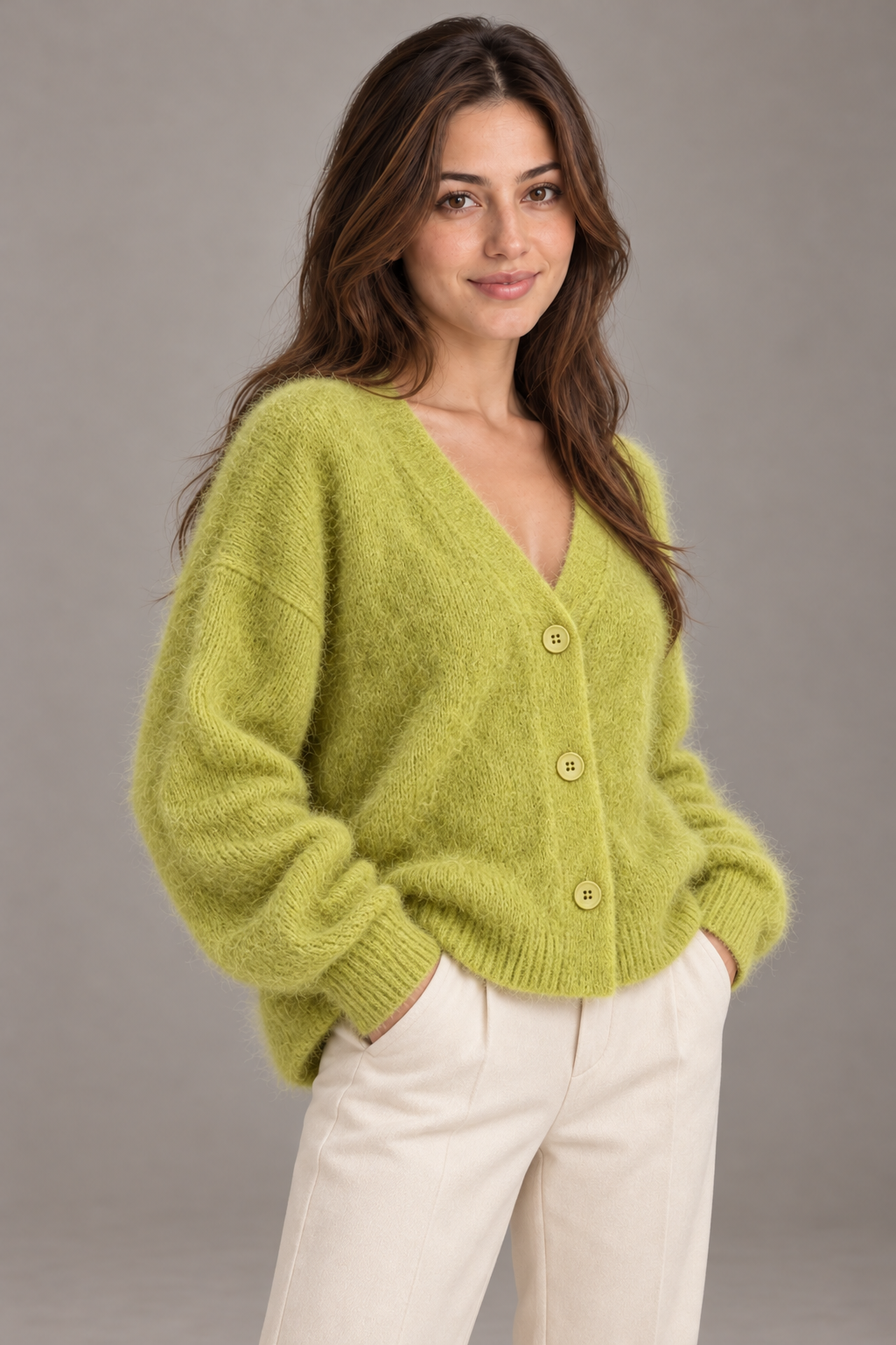 Bloodnew – Cardigan ample col V boutonné en maille – Doux et chaud – Vert matcha – close