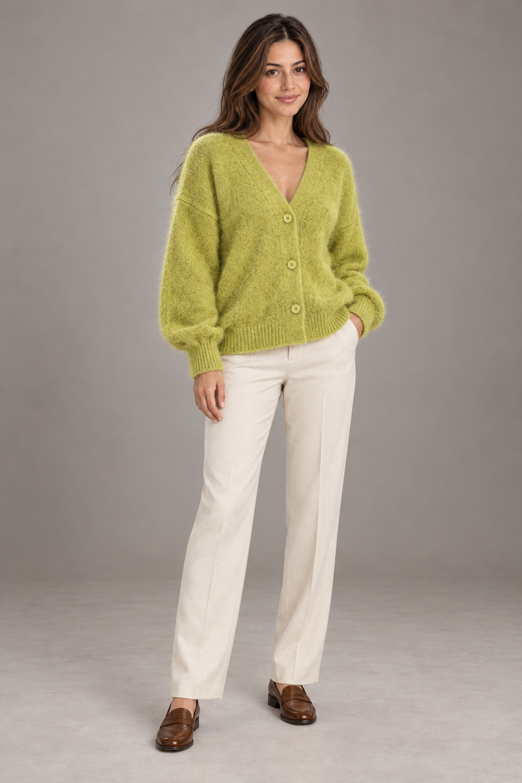 Bloodnew – Cardigan ample col V boutonné en maille – Doux et chaud – Vert matcha – full