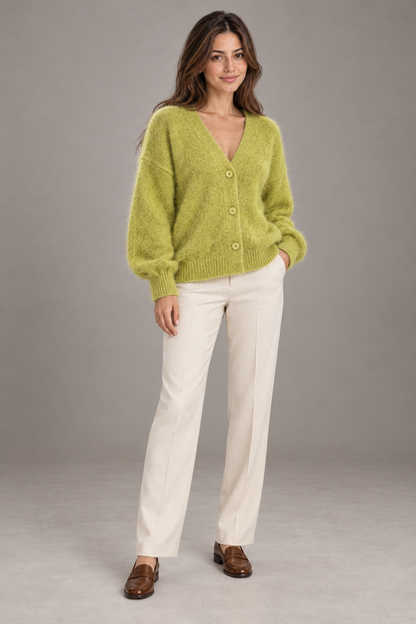 Bloodnew – Cardigan ample col V boutonné en maille – Doux et chaud – Vert matcha – full