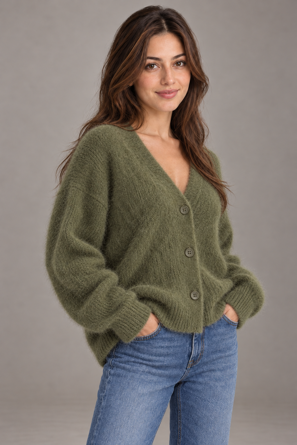 Bloodnew – Cardigan ample col V boutonné en maille – Doux et chaud – Vert militaire – close