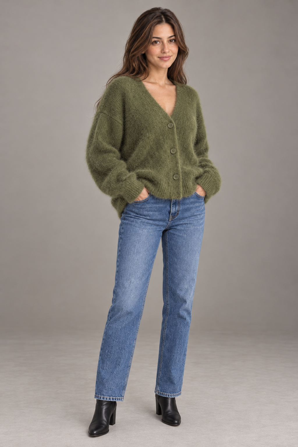Bloodnew – Cardigan ample col V boutonné en maille – Doux et chaud – Vert militaire – full