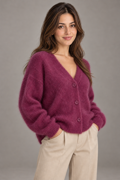 Bloodnew – Cardigan ample col V boutonné en maille – Doux et chaud – Violet foncé – close