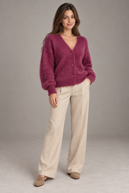 Bloodnew – Cardigan ample col V boutonné en maille – Doux et chaud – Violet foncé – full