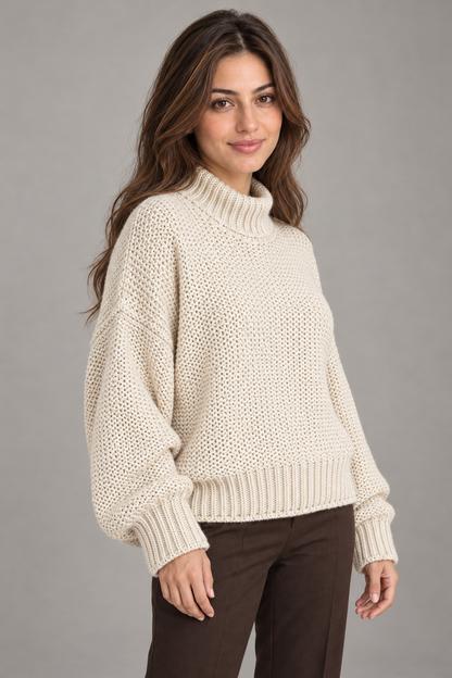 Pull col roulé Abricot porté par le mannequin Bloodnew – vue rapprochée