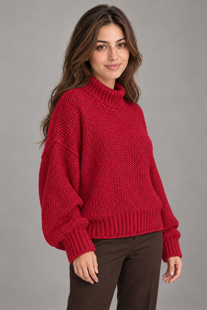 Pull col roulé Bordeaux porté par le mannequin Bloodnew – vue rapprochée