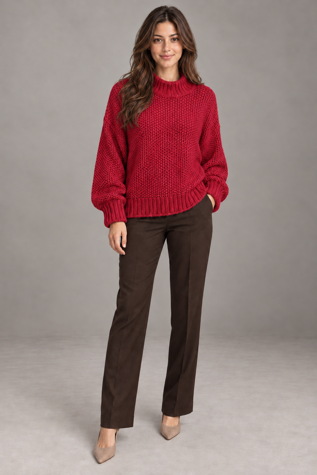 Pull col roulé Bordeaux porté par le mannequin Bloodnew – vue entière