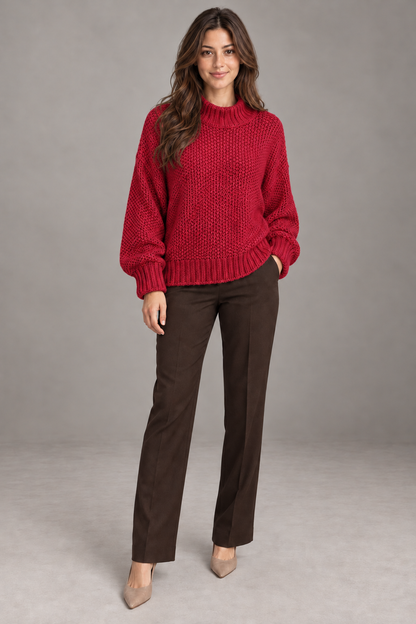 Pull col roulé Bordeaux porté par le mannequin Bloodnew – vue entière