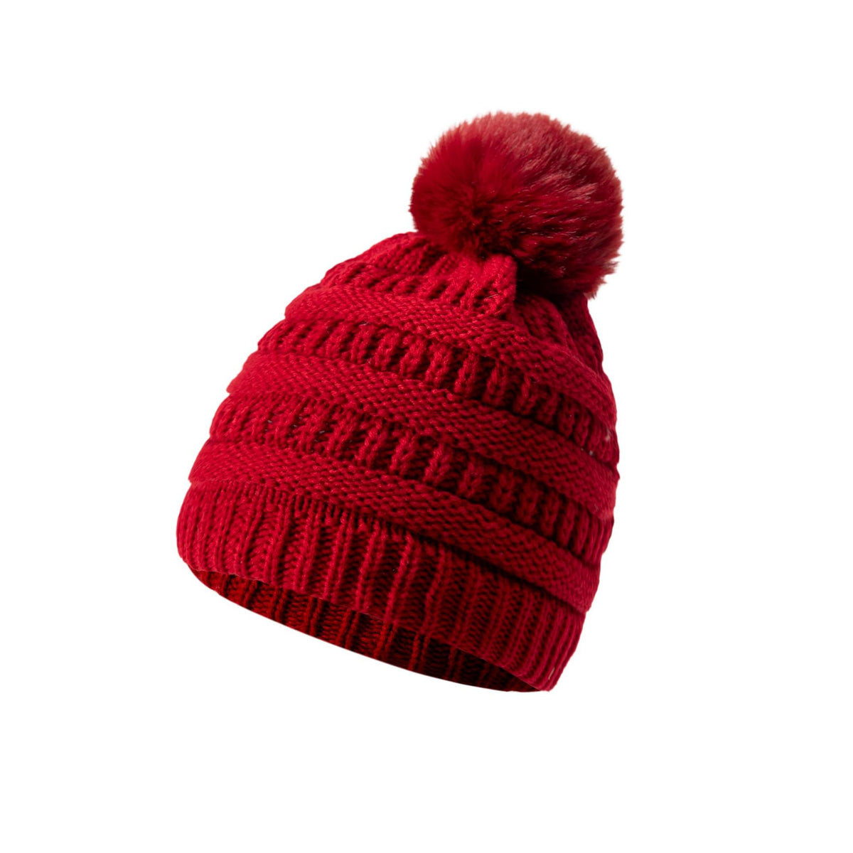 Bonnet en laine tricoté épais – Rouge à pompon