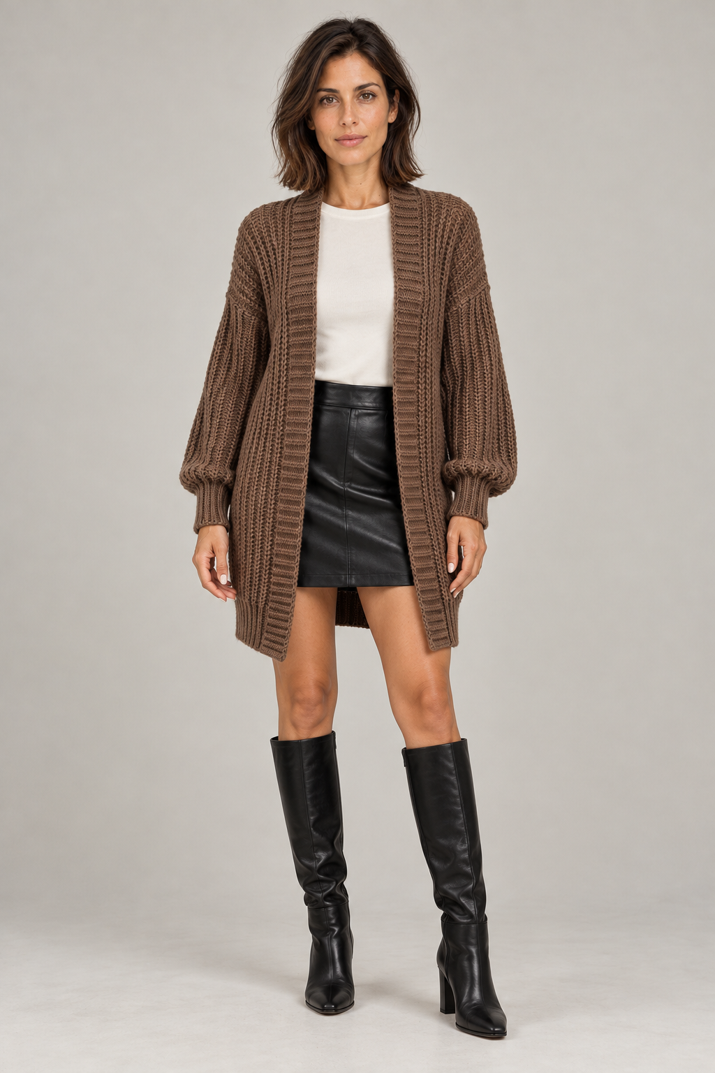 Manteau long en maille 100% – Marron
