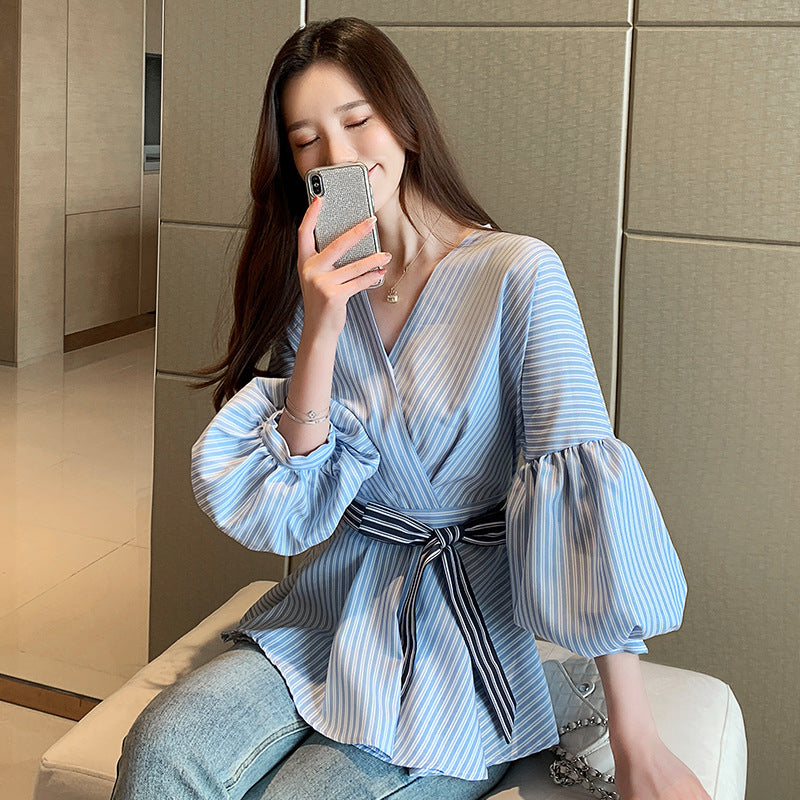 Lantern Sleeve Shirt Women Spring – Rayures