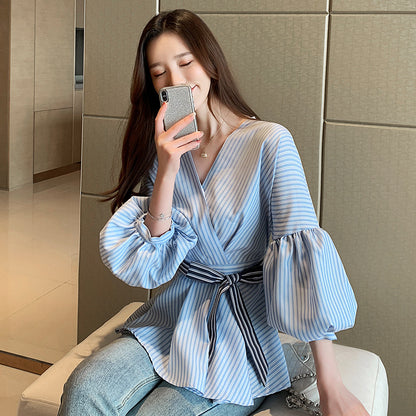 Lantern Sleeve Shirt Women Spring – Rayures