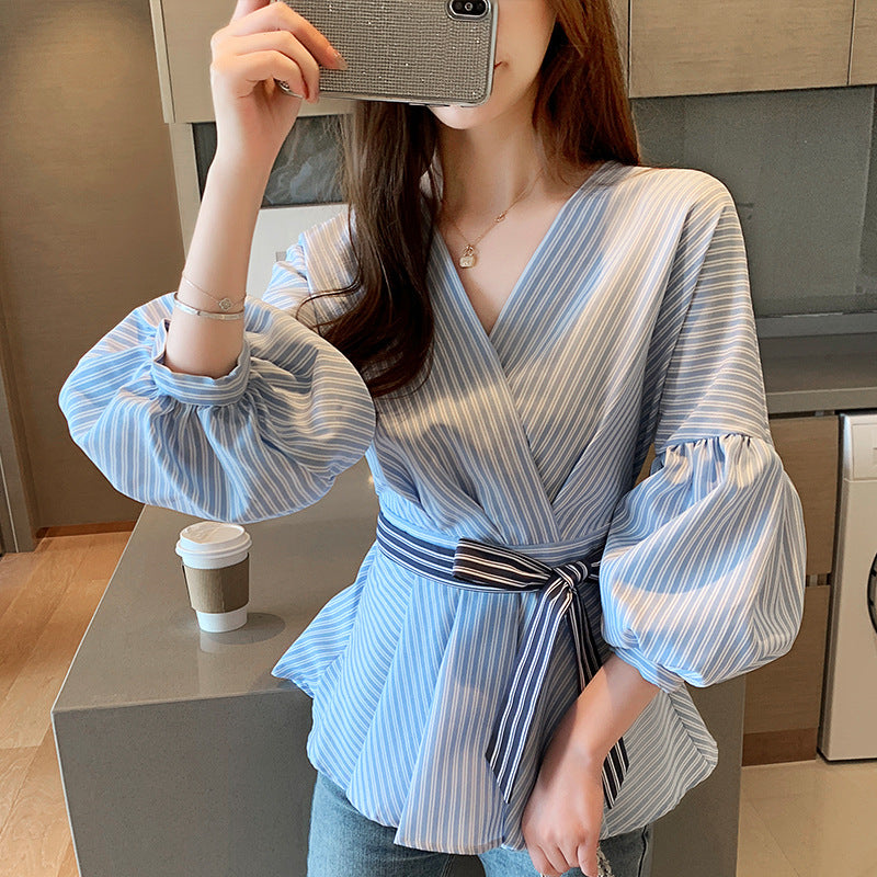 Lantern Sleeve Shirt Women Spring – Rayures