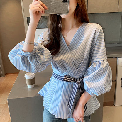 Lantern Sleeve Shirt Women Spring – Rayures