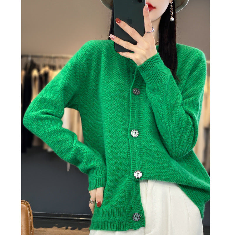 Cardigan ample en laine à col rond, couleur unie – Vert