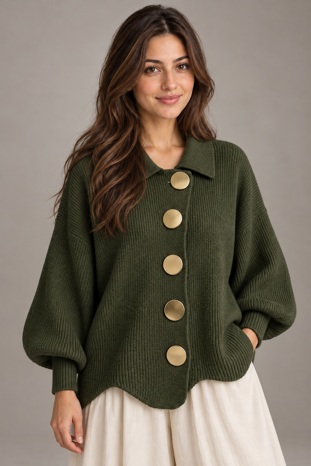 Bloodnew – Cardigan boutonné en maille à col revers – Vert – close