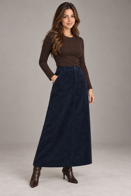Bloodnew – Jupe Longue Trapèze Taille Haute Automne-Hiver – Bleu Marine – modèle porté – full – lESNk6