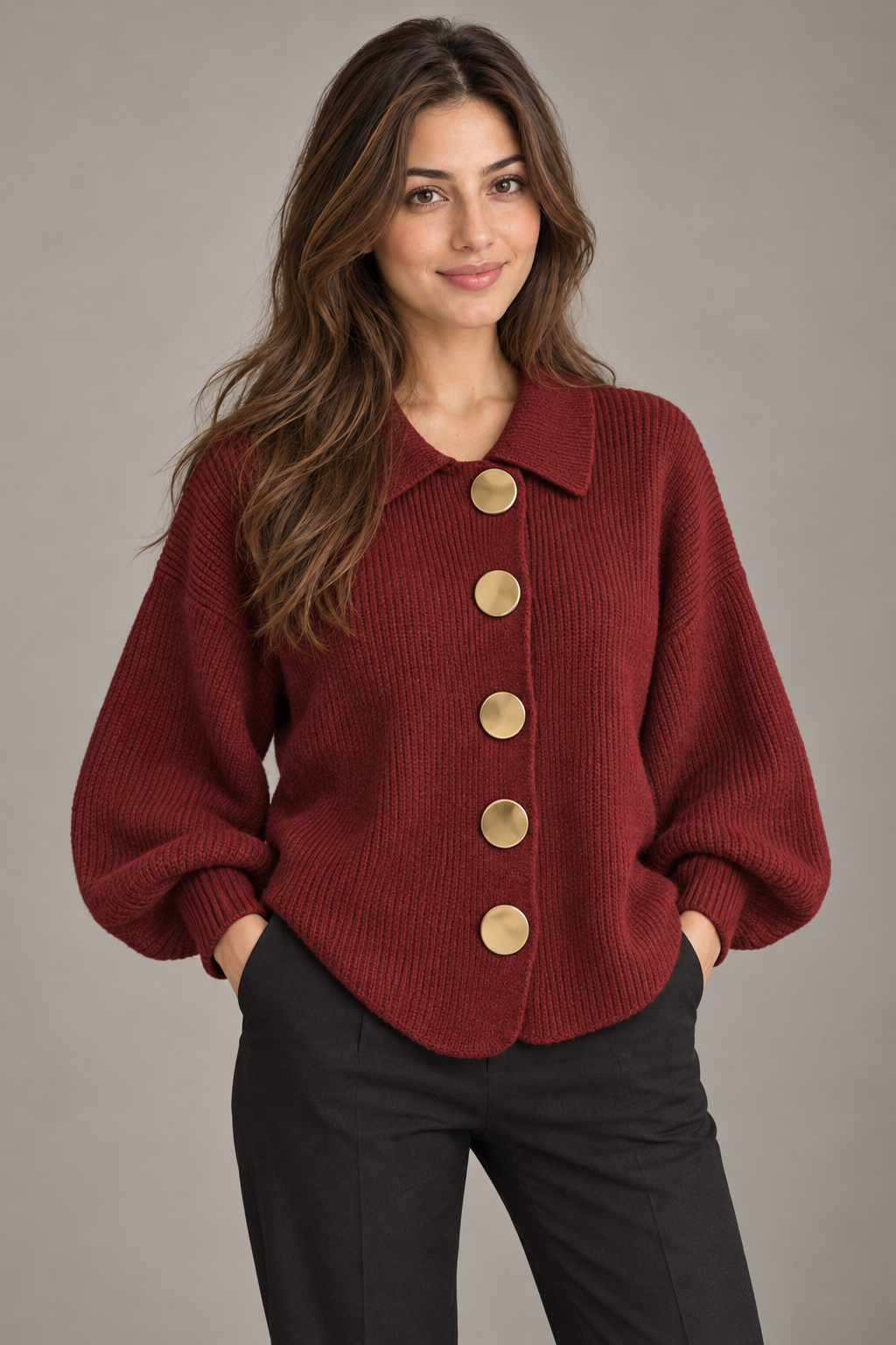 Bloodnew – Cardigan boutonné en maille à col revers – Rouge – close