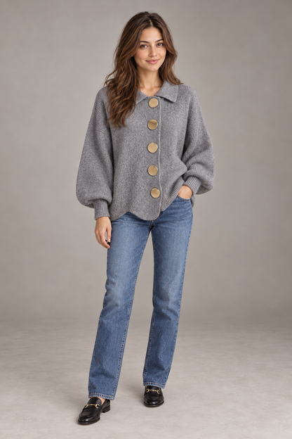 Bloodnew – Cardigan boutonné en maille à col revers – Gris – full