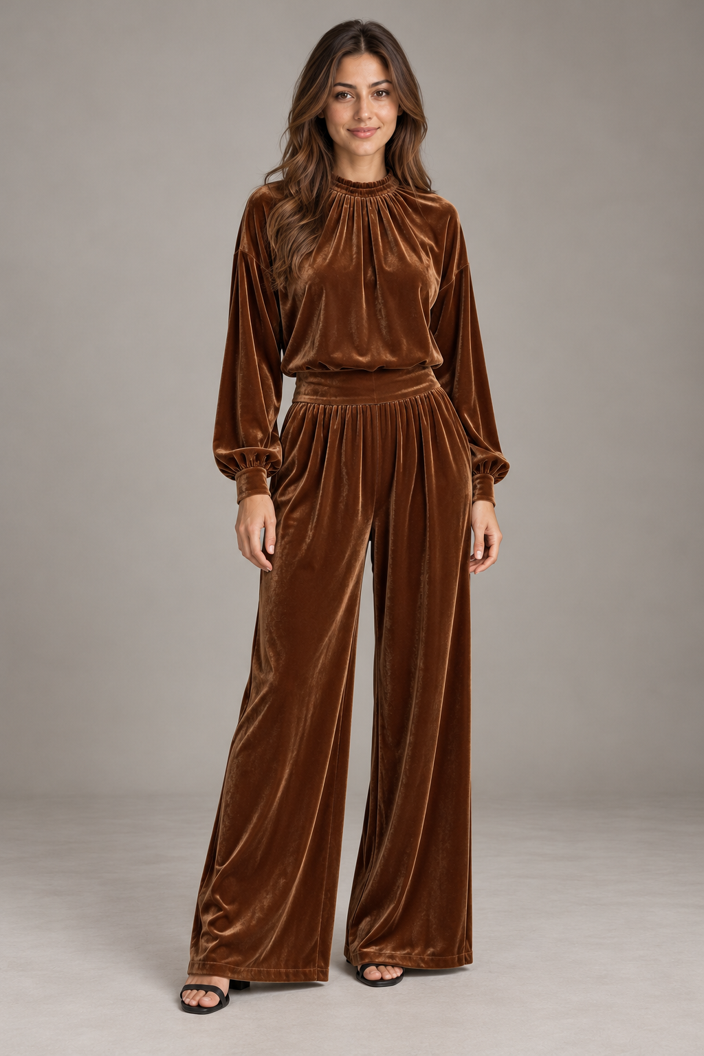 Bloodnew – Ensemble Deux Pièces Velours Haut Plissé et Pantalon Large – Marron – modèle – full – E1tQLQ