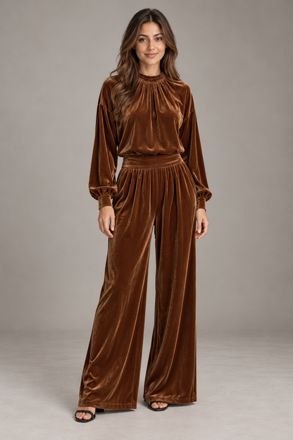 Bloodnew – Ensemble Deux Pièces Velours Haut Plissé et Pantalon Large – Marron – modèle – full – E1tQLQ