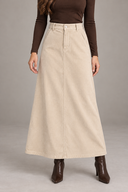 Bloodnew – Jupe Longue Trapèze Taille Haute Automne-Hiver – Beige – modèle porté – close – lESNk6