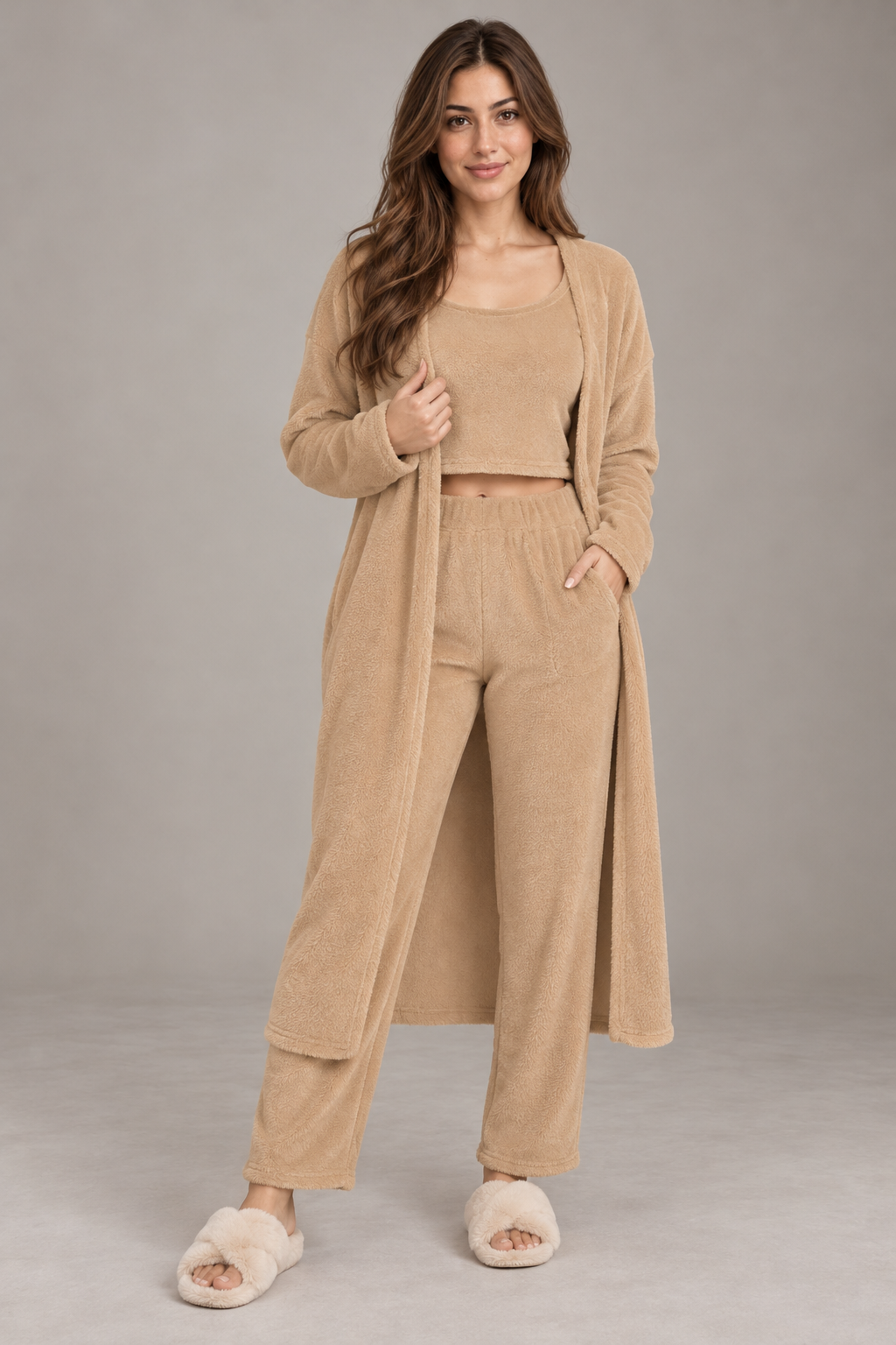 Bloodnew – Ensemble cocooning 3 pièces en maille douce – Camel – full
