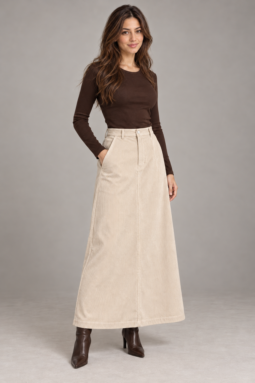 Bloodnew – Jupe Longue Trapèze Taille Haute Automne-Hiver – Beige – modèle porté – full – lESNk6