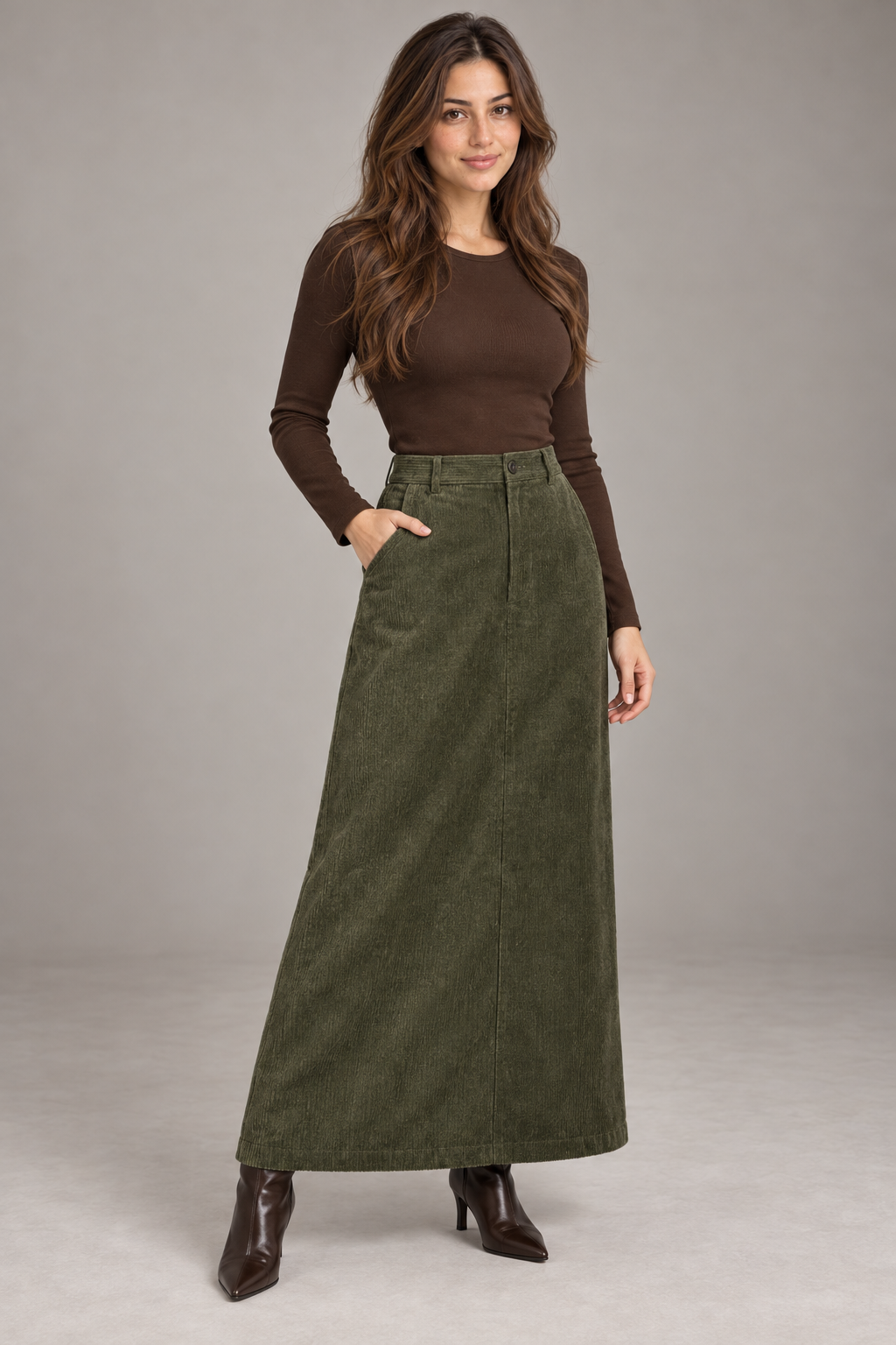 Bloodnew – Jupe Longue Trapèze Taille Haute Automne-Hiver – Vert Armée – modèle porté – full – lESNk6