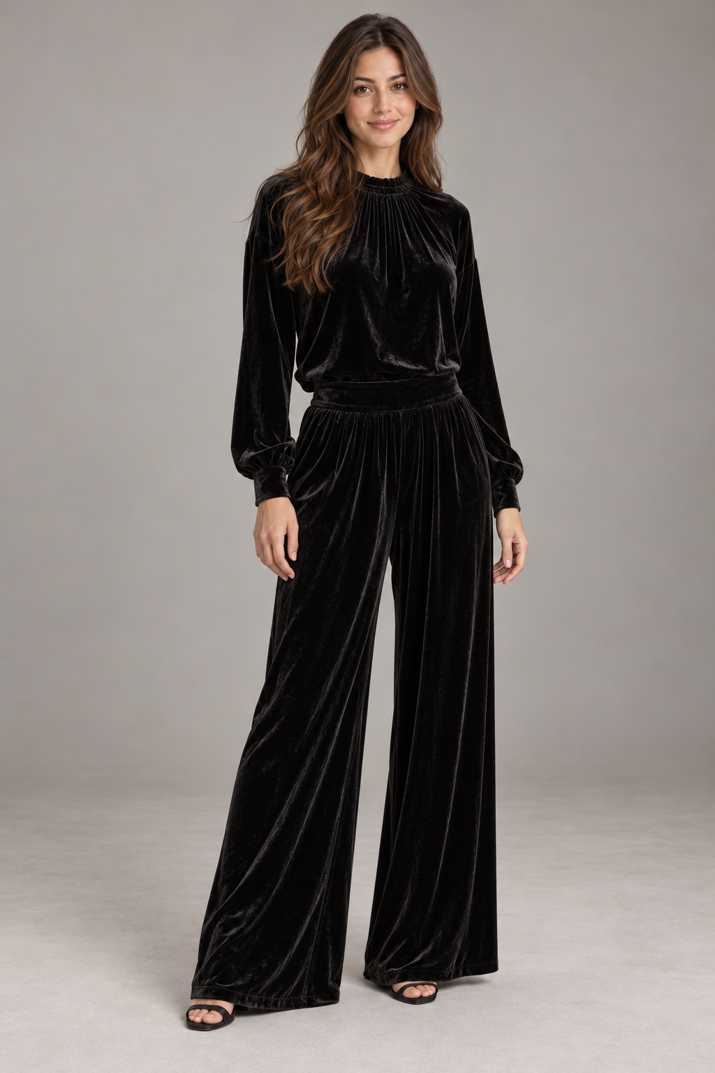 Bloodnew – Ensemble Deux Pièces Velours Haut Plissé et Pantalon Large – Noir – modèle – full – E1tQLQ