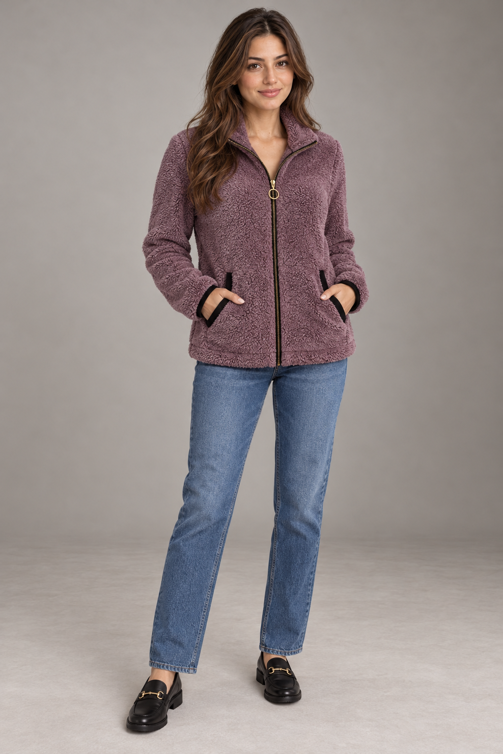 Bloodnew – Veste zippée en polaire peluche double face – Violet foncé – full
