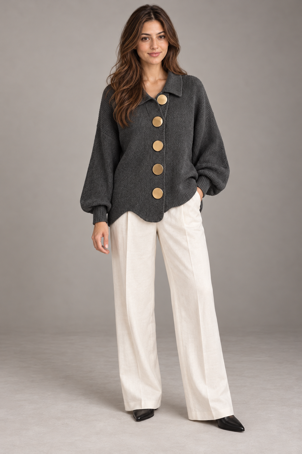 Bloodnew – Cardigan boutonné en maille à col revers – Gris foncé – full