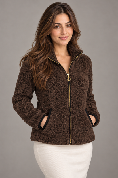 Bloodnew – Veste zippée en polaire peluche double face – Marron – close