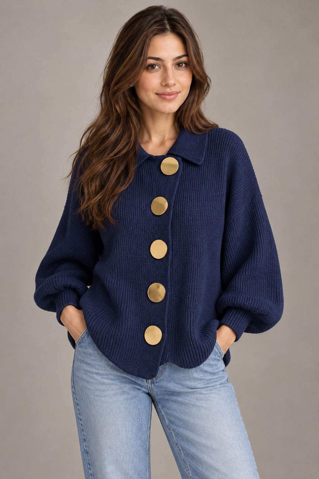 Bloodnew – Cardigan boutonné en maille à col revers – Bleu – close