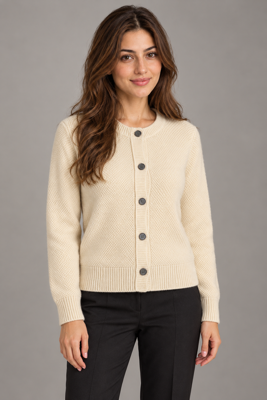 Bloodnew – Cardigan ample en laine à col rond, couleur unie – Beige – modèle – close – E1tQLQ