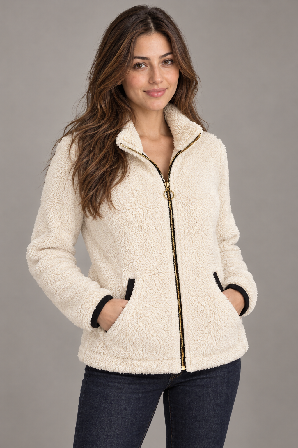 Bloodnew – Veste zippée en polaire peluche double face – Blanc cassé – close